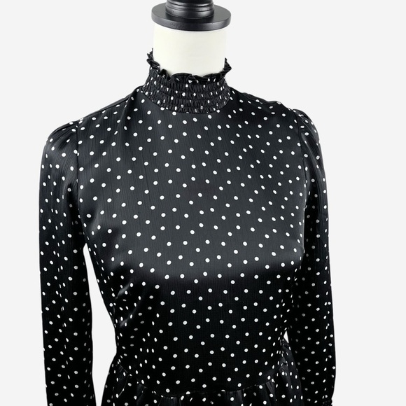 LOFT Dotted Smocked Mini Flare Dress Size 0 Petite Black Lined NEW - Picture 4 of 15
